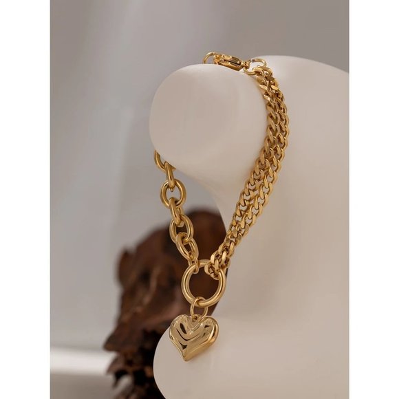 ^NEW 18K Gold Plated Chunky Link Chain Heart Circle Bracelet - Picture 7 of 7